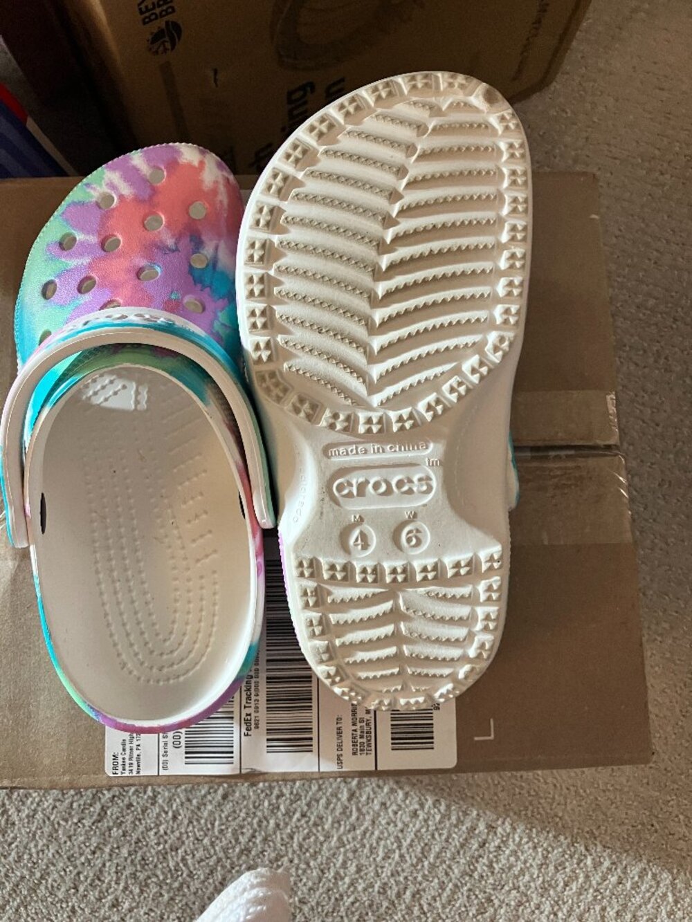 crocs, multi color pastels womens size 4, men size 6, excellent condition
